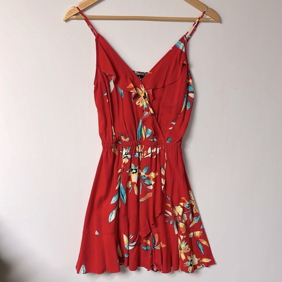 Express Faux Wrap Mini Dress, Red/Floral, XS - Picture 2 of 7